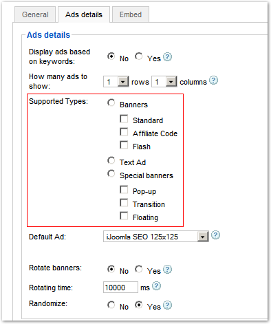 Select supported ad types