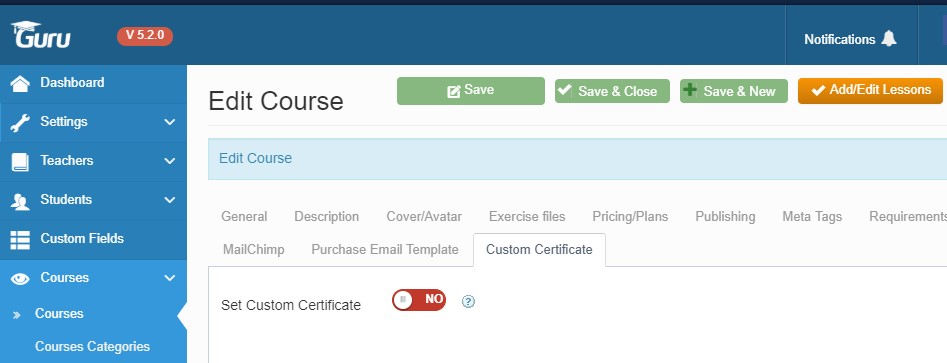 custom certificate option in Guru LMS extension Joomla