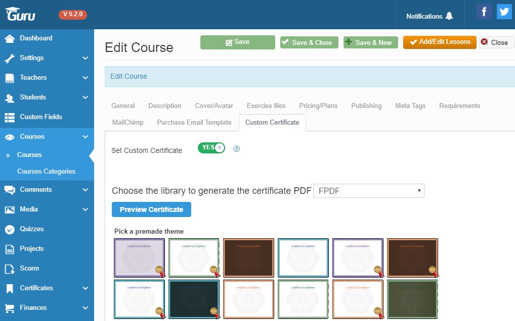 custom certificate settings in Guru LMS extension Joomla