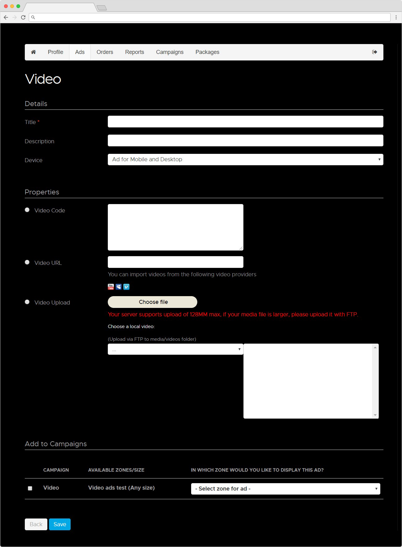Frontend View to upload Video Ad