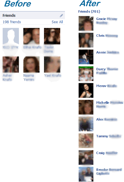 Facebook profile friends list, before and after