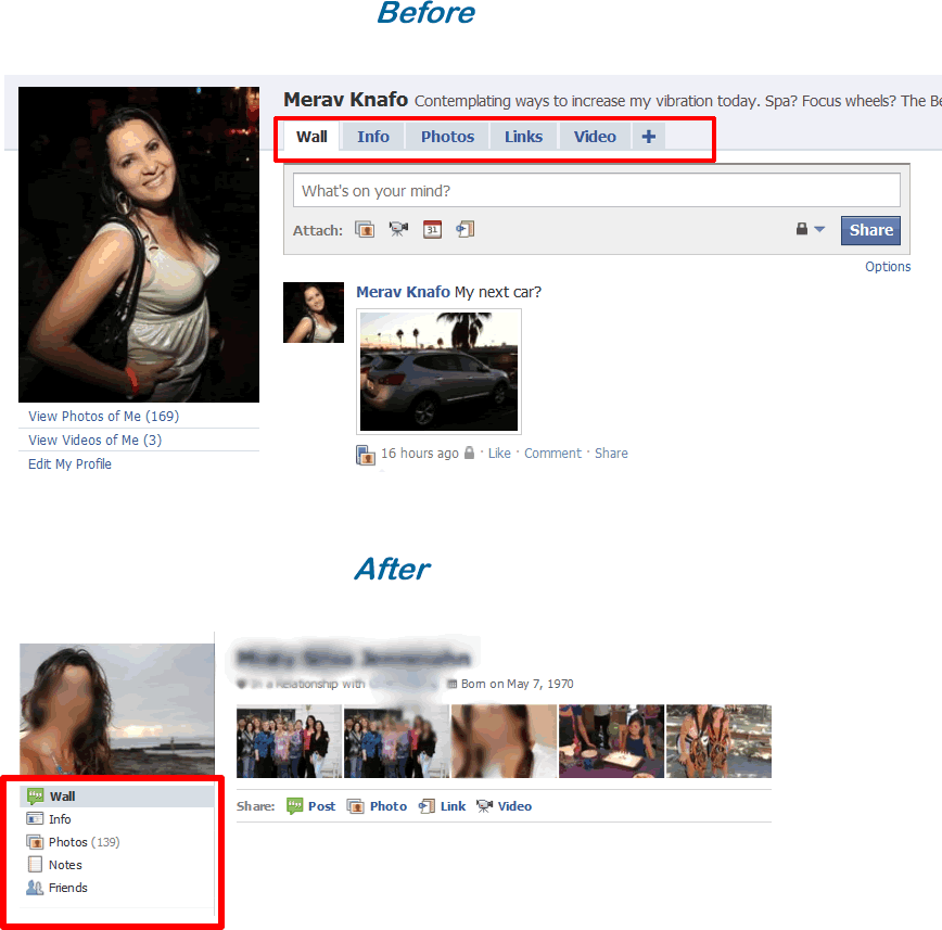 Facebook profile info before and after