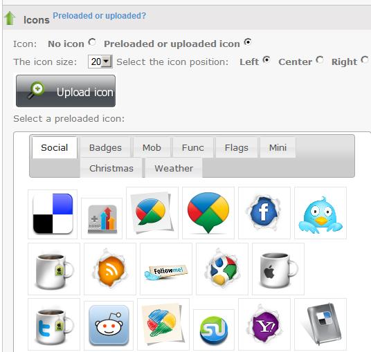 When creating a button, you can choose one of the many icons available or upload your own image