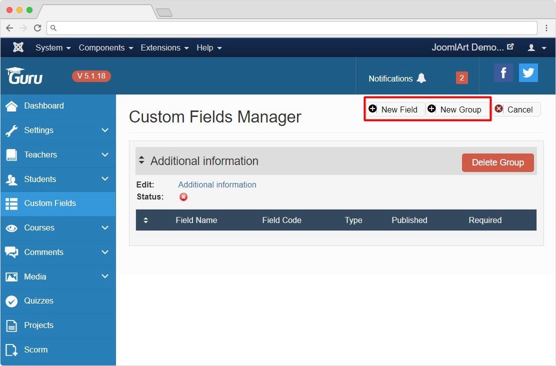 Guru LMS Joomla extension custom fields feature